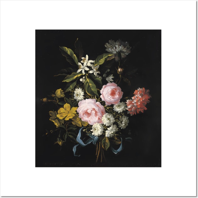 Jean-Baptiste Monnoyer - A Bouquet Of Chamomile French Roses Single Yellow Roses Orange Blossom And Carnations Tied With A Blue Ribbon Wall Art by jandesky